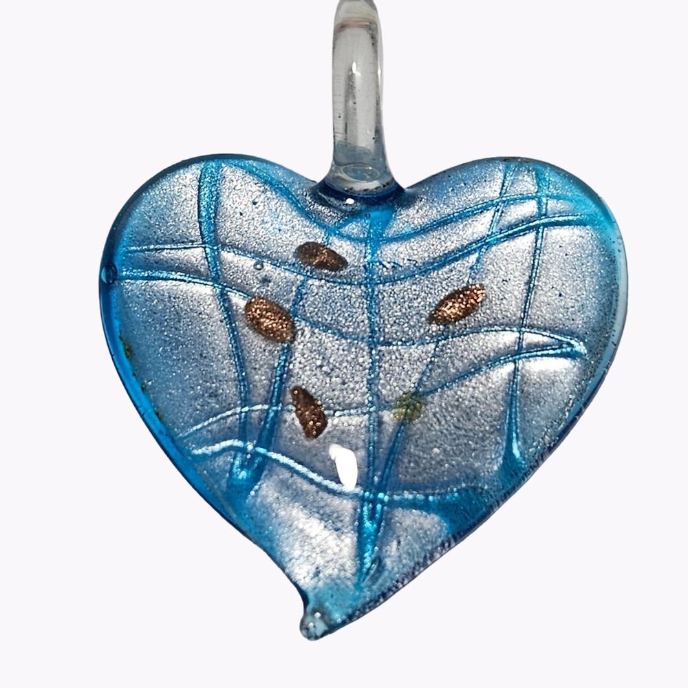 Hand Painted Glass Heart Pendant Blue Art Deco Statement Fashion Jewelry Women